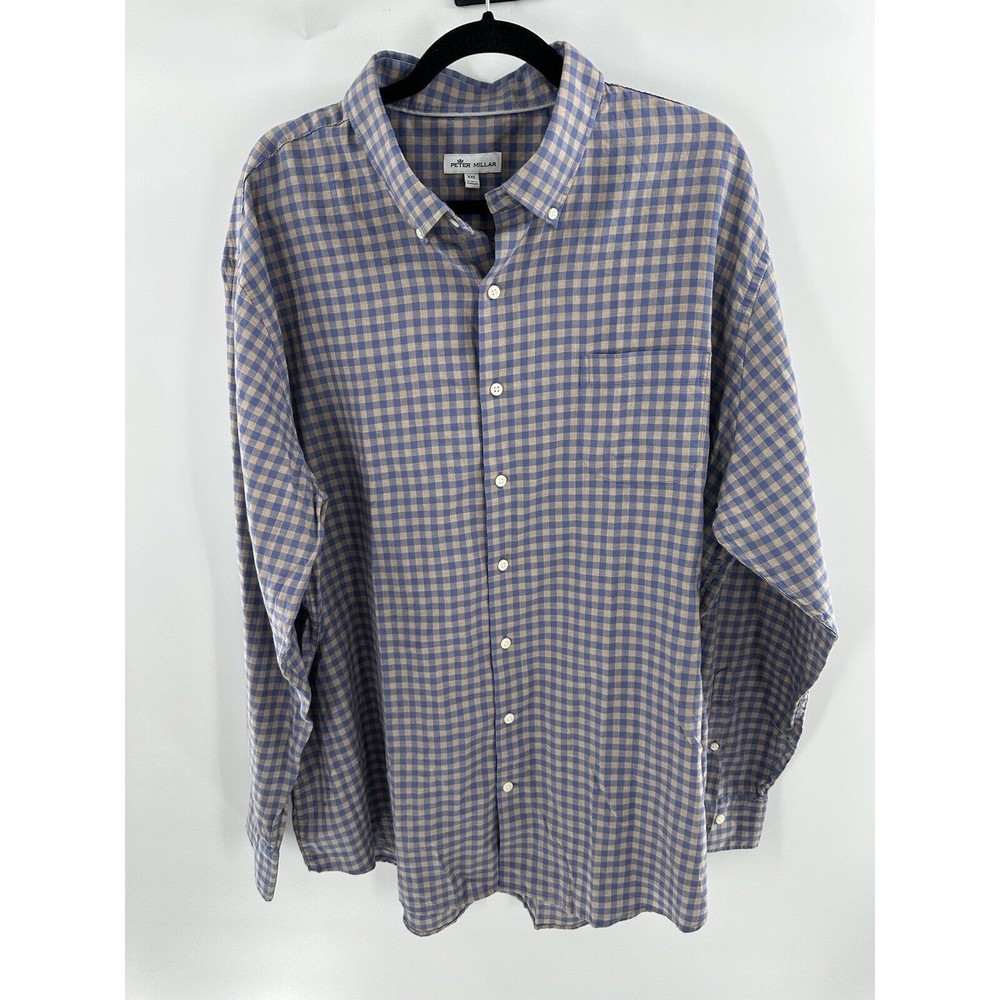 Peter Millar Shirt Mens XXL  Long Sleeve Button Down 100%Cotton Plaid blue/cream